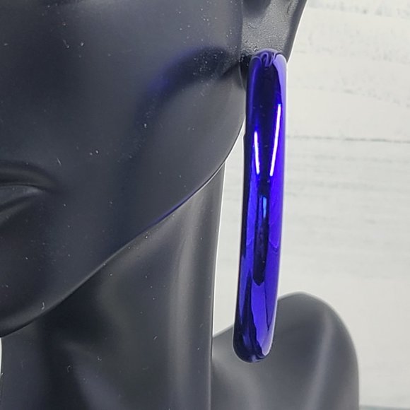 2" 80's Retro Royal Blue Metallic Coating Tube Metal Hoop Earrings - Picture 2 of 11